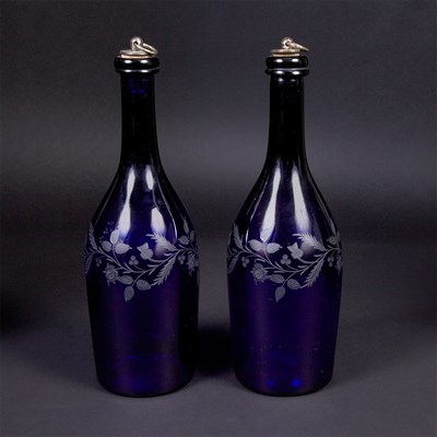 Lot 288 - Pair of Etched Blue Glass Bottles Possibly...