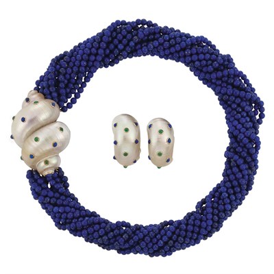 Lot 166 - Multistrand Lapis Bead Torsade Necklace with Shell, Cabochon Lapis and Emerald Clasp/Brooch and Pair of Earrings, Trianon