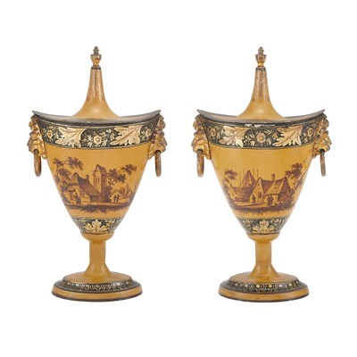 Lot 297 - Pair of Regency Tole Covered Chestnut Urns...