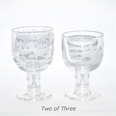 Lot 570 - Pair of Etched Glass Goblets and a Similar...
