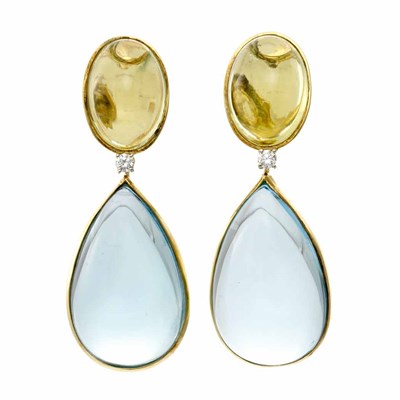 Lot 451 - Pair of Gold, Cabochon Lemon Quartz and Blue Topaz and Diamond Pendant-Earrings, Faraone Mennella