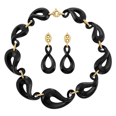 Lot 195 - Black Onyx, Gold and Diamond Link Necklace and Pair of Pendant-Earrings