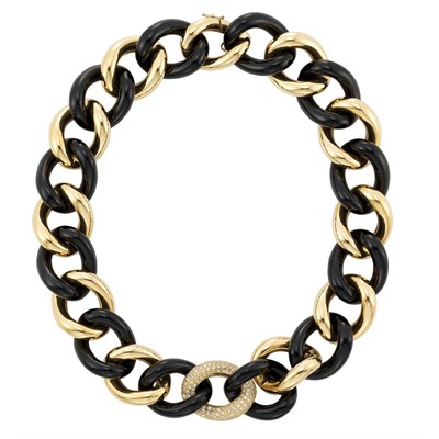 Lot 179 - Gold, Black Onyx and Diamond Link Necklace