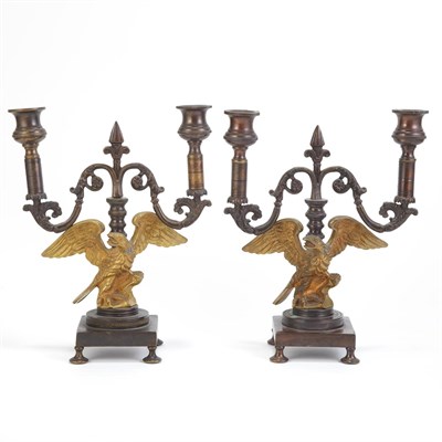 Lot 170 - Pair of Patinated and Gilt-Bronze Two-Light...