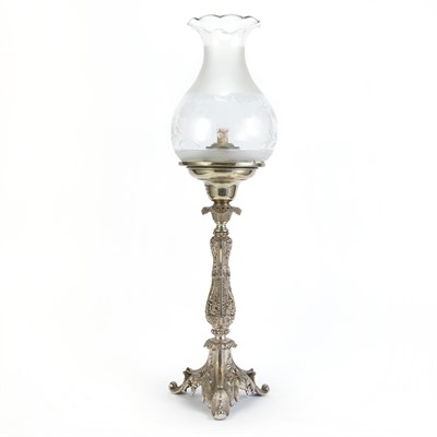 Lot 178 - Silvered Brass and Cut Glass Solar Lamp...