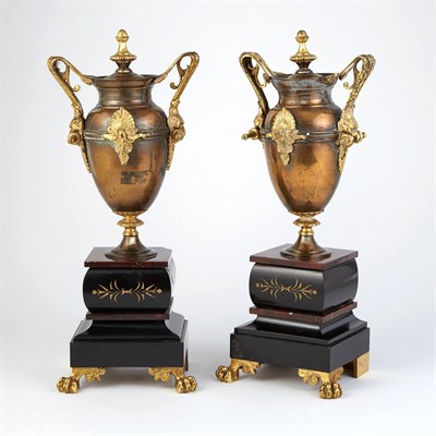 Lot 510 - Pair of Empire Style Bronze and Marble Urns...