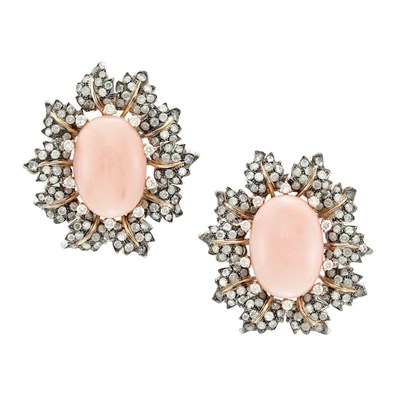 Lot 97 - Pair of Coral and Diamond Flower Earrings