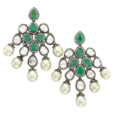 Lot 52 - Pair of Indian Silver, Gold, Emerald, Foiled-Back Diamond and Cultured Pearl Pendant-Earrings