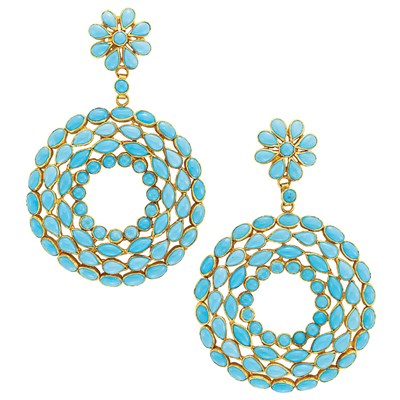 Lot 292 - Pair of Gold and Turquoise Pendant-Earrings