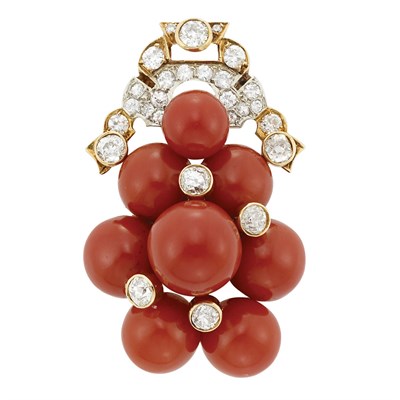 Lot 18 - Gold, Oxblood Coral Bead and Diamond Clip-Brooch