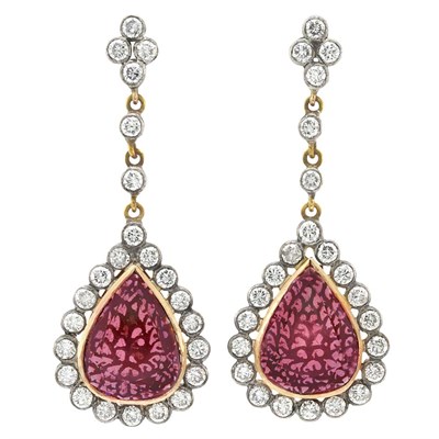 Lot 53 - Pair of Indian Silver, Gold, Pink Tourmaline and Diamond Pendant-Earrings