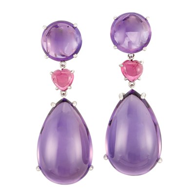 Lot 78 - Pair of White Gold, Cabochon Amethyst and Pink Tourmaline Pendant-Earrings