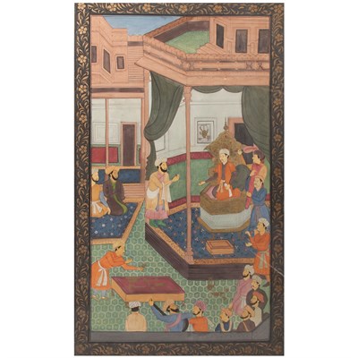 Lot 210 - Framed Indian Polychrome Painted Fabric Panel...