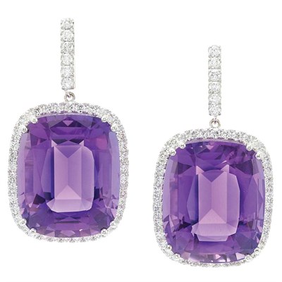 Lot 79 - Pair of White Gold, Amethyst and Diamond Pendant-Earrings