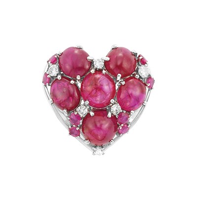 Lot 383 - Platinum, Cabochon Ruby and Diamond Heart Ring
