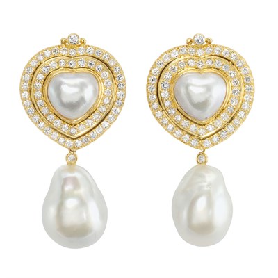 Lot 290 - Pair of Gold, Mabe Pearl, Diamond and South Sea Baroque Cultured Pearl Pendant-Earclips