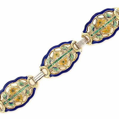 Lot 575 - Two-Color Gold, Enamel and Emerald Bracelet