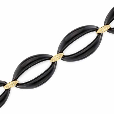 Lot 344 - Black Onyx, Gold and Diamond Link Bracelet