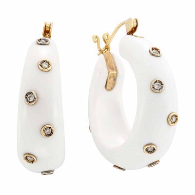 Lot 27 - Pair of White Agate, Gold and Diamond Hoop Earrings