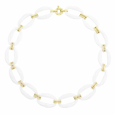 Lot 256 - White Agate, Gold and Diamond Link Necklace