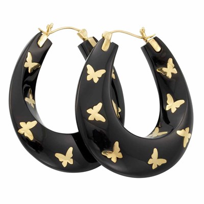 Lot 343 - Pair of Black Agate and Gold Hoop Earrings