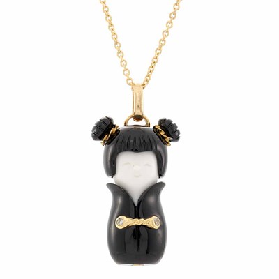 Lot 345 - Carved Black and White Onyx, Gold and Diamond Pendant with Gold Chain