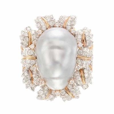 Lot 235 - Two-Color Gold, South Sea Baroque Gray Cultured Pearl and Diamond Ring