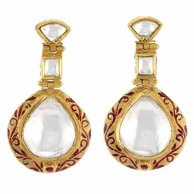 Lot 303 - Pair of Indian Gold, Crystal and Enamel Pendant-Earrings