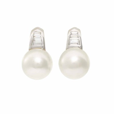 Lot 252 - Pair of White Gold, Cultured Pearl and Diamond Earrings