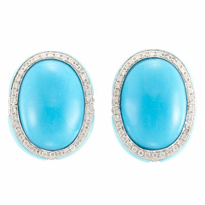 Lot 870 - Pair of White Gold,  Bicolor Turquoise and Diamond Earrings