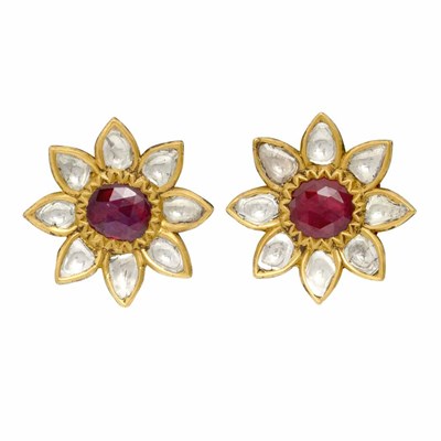 Lot 301 - Pair of Indian Gold, Foiled-Back Ruby and Diamond and Jaipur Enamel Flower Earrings