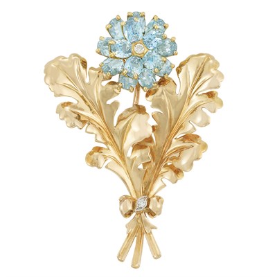 Lot 377 - Gold, Aquamarine and Diamond Flower Clip-Brooch