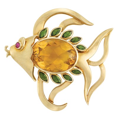 Lot 150 - Gold, Citrine, Tourmaline and Ruby Fish Clip
