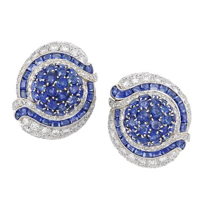 Lot 386 - Pair of Platinum, Sapphire and Diamond Earclips