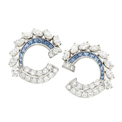 Lot 131 - Pair of Platinum, Diamond and Sapphire Earclips