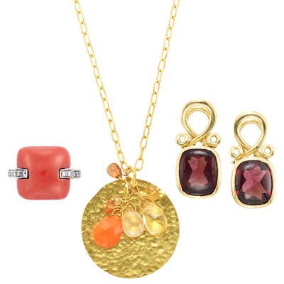Lot 808 - Pair of Gold and Garnet Earclips, Gold and Simulated Gem-Stone Briolette Pendant-Necklace and White Gold, Coral and Diamond Ring