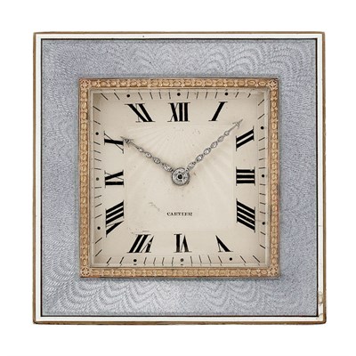 Lot 116 - Silver, Gold, Gray Guilloche Enamel and White Enamel Desk Clock, Cartier