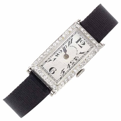 Lot 116 - Lady's Art Deco Platinum and Diamond Watch, Tiffany & Co., Patek Philippe, with Black Grosgrain Ribbon Strap