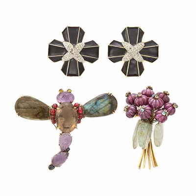 Lot 1278 - Pair of Gilt-Metal, Black Lacquer and Rhinestone Maltese Cross Brooches, Kenneth Jay Lane, and Two Costume Brooches, Iradj Moini