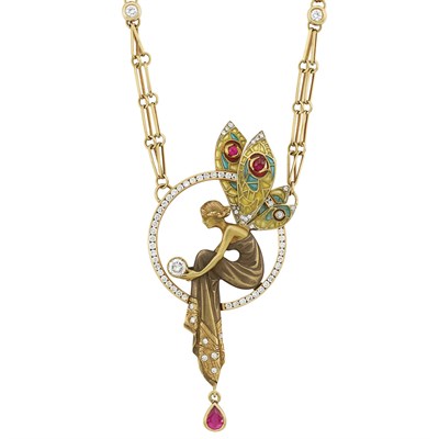 Lot 309 - Gold, Diamond, Cabochon Ruby and Plique-a-Jour Enamel Pendant-Necklace
