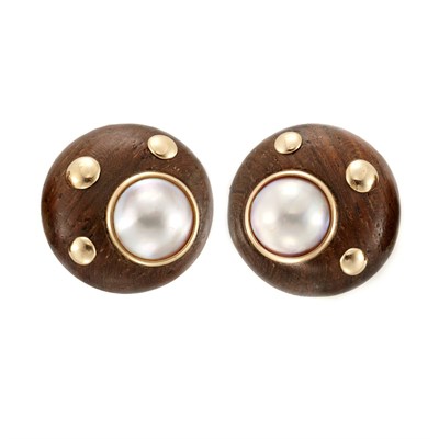 Lot 350 - Pair of Gold, Wood and Mabe Pearl Earrings, Tambetti