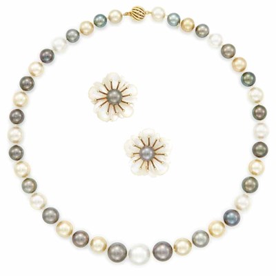 Lot 262 - White, Tahitian and Golden Cultured Pearl Necklace and Pair of Gold, Carved Mother-of-Pearl and Tahitian Gray Cultured Pearl Earclips