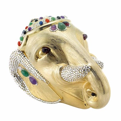 Lot 947 - Gilt-Metal, Multicolored Cabochon Stone and Rhinestone Elephant Evening Purse with Carrying Chain, Judith Leiber