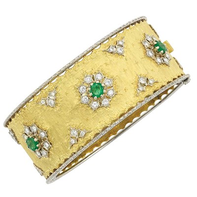 Lot 264 - Two-Color Gold, Emerald and Diamond Cuff Bangle Bracelet