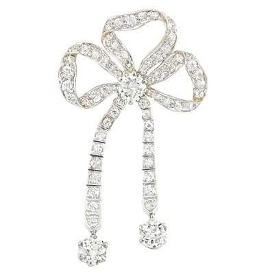Lot 317 - Belle Epoque Platinum, Gold and Diamond Bow Brooch, Tiffany & Co.