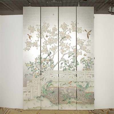 Lot 194 - Bird Decorated Wallpaper Four-Panel Screen...