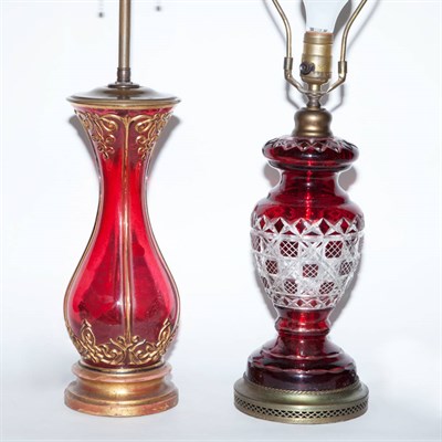 Lot 240 - Two Red Glass Lamps Height of taller 13 1/2...