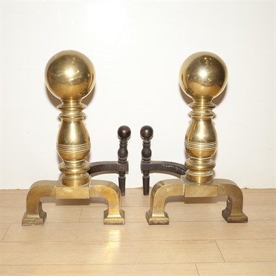 Lot 386 - Pair of Brass Andirons Height 22 inches.
