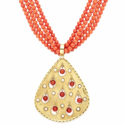 Lot 47 - Four Strand Coral Bead Necklace with Gold, White and Orange Coral Pendant