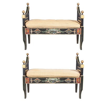 Lot 373 - Pair of Neoclassical Style Painted Benches...